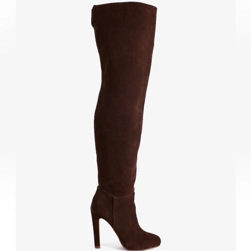 NWT Express Brian Atwood Suede Over The Knee Chocolate Brown Heeled Boots 6 Glam
